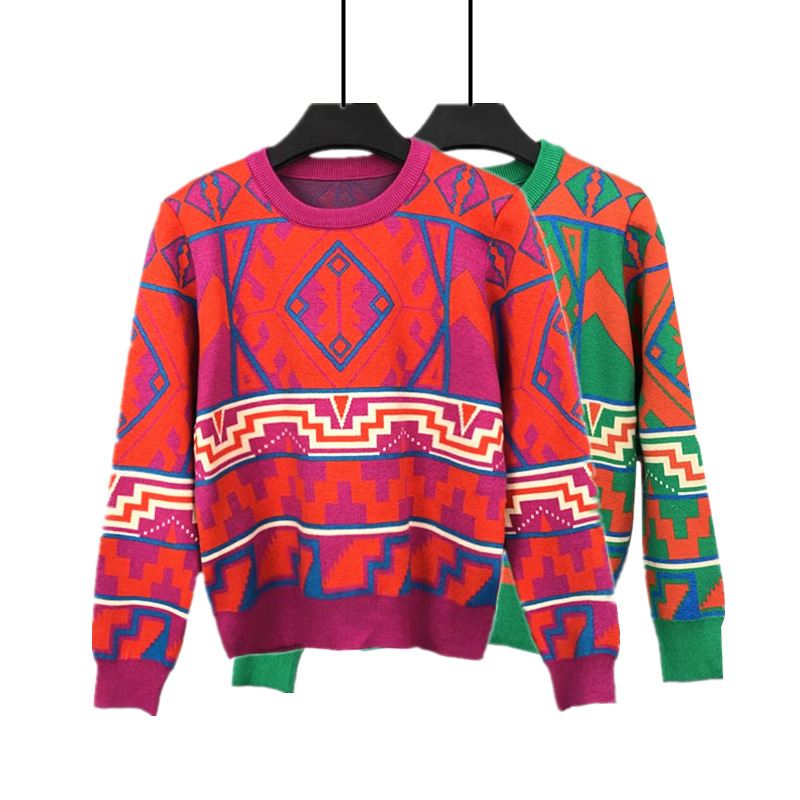 European station retro geometric jacquard pullover women's autumn design sense niche fashion Western style sweater top