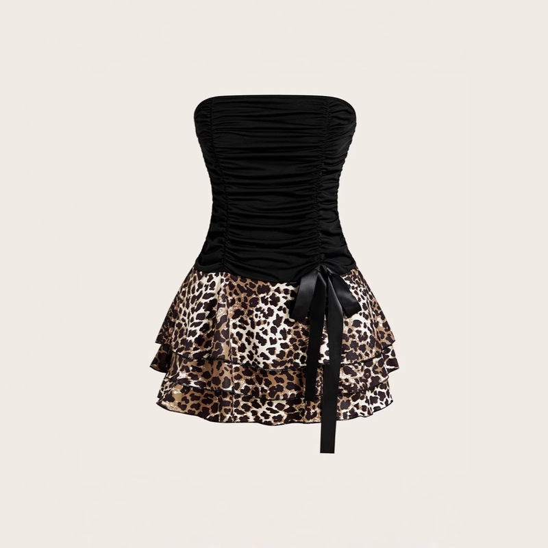 Women Off Shoulder Ruched Wrap Design Leopard Print Ruffle Mini Dress