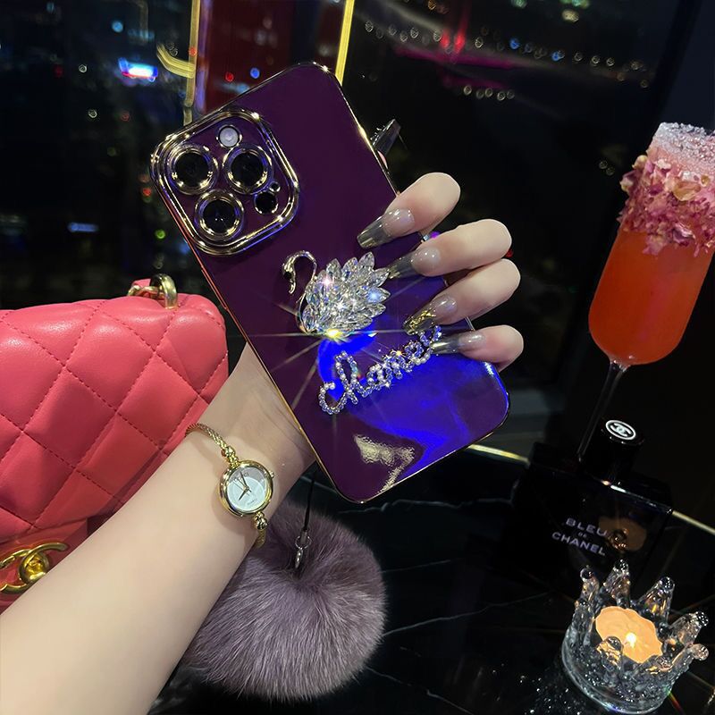 Fashionable Purple Pom-Pom Apple 17 Phone Case iPhone 13/12 Electroplated Xsmax Soft Xr Suitable for 14Pro Swan