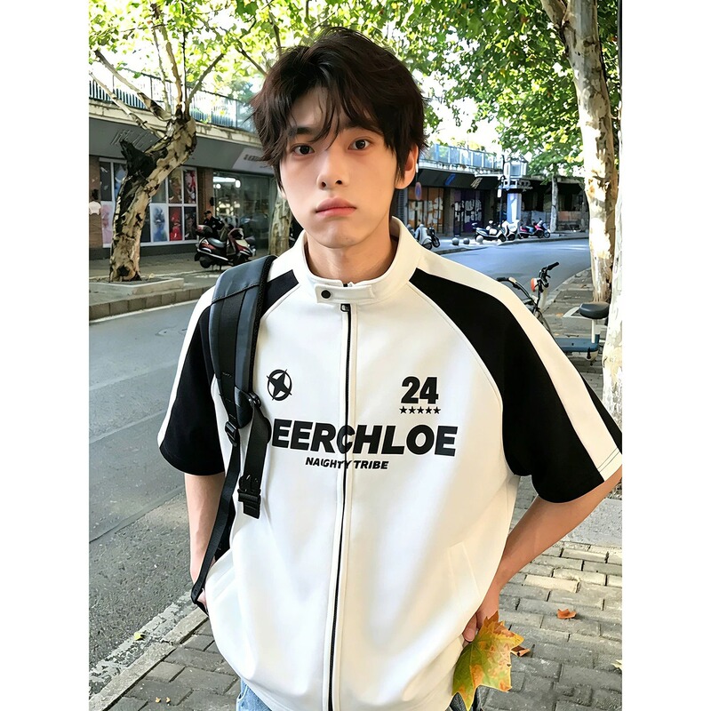 American Motorcycle Style Black and White Patchwork T-Shirt for Men, Summer Zip-Up Short-Sleeve Design Heavy-Duty Shirt Jacket American Motorcycle Style Black and White Patchwork T-Shirt for Men, Summer Zip-Up Short-Sleeve Design Heavy-Duty Shirt Jacket
