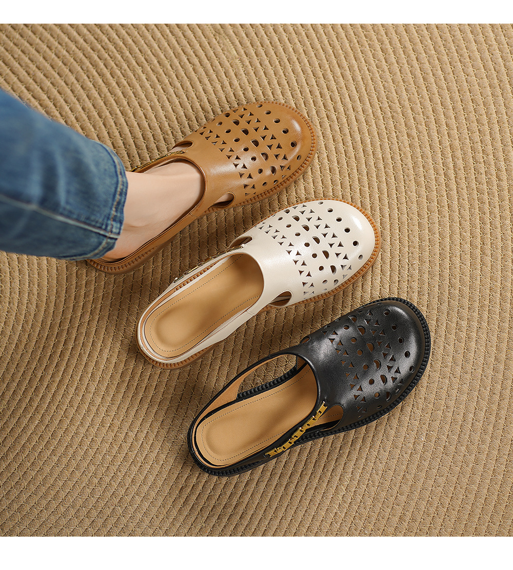 Dép sandal nữ da bò mũi trùm đế bệt kiểu lỗ thoáng khí — đen chi tiết 1