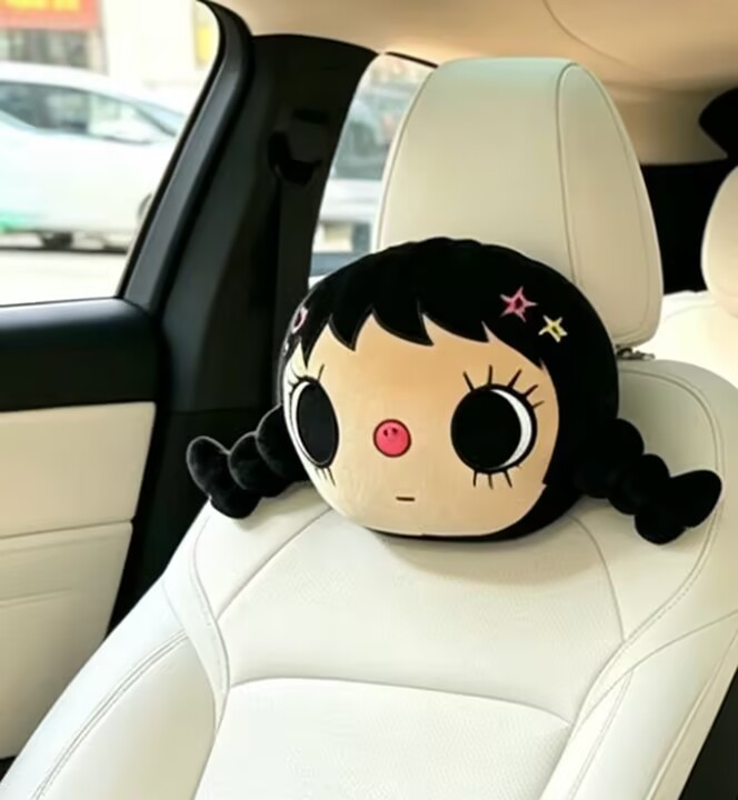 Trendy Big-Eyed Doll Car Headrest, Black Braided Girl Plush Neck Pillow, Internet Celebrity Style Throw Pillow