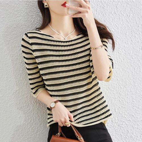 Women's Summer Collared Knit T-Shirt with Striped Patterns, Loose Fit, Stylish and Elegant Short-Sleeve Top