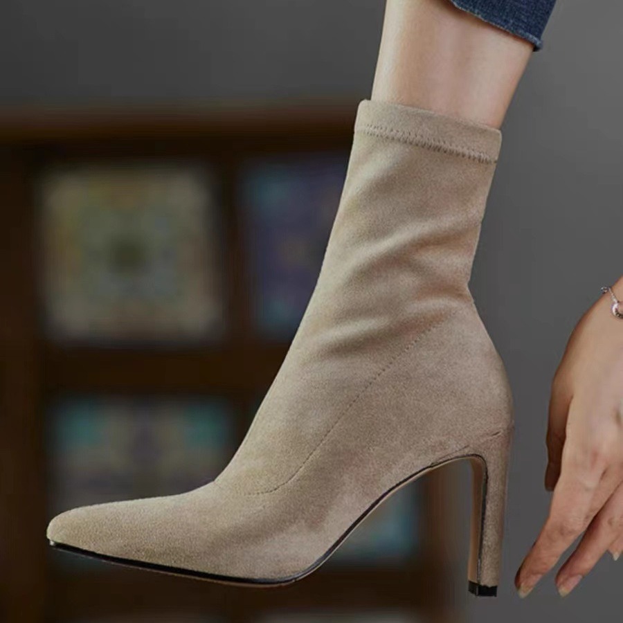 短靴女2024秋冬新款时尚单瘦瘦靴尖头高跟SW网红袜子靴百搭小众女