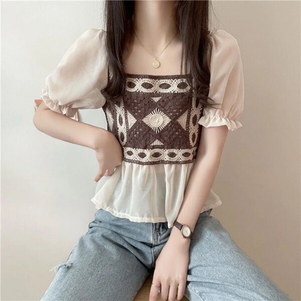 Summer base body-friendly retro knitted design shiffon T-shirt