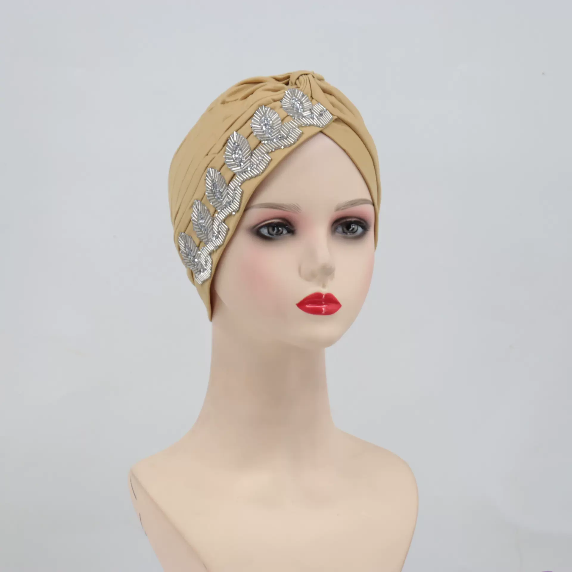 跨境新款穆斯林头巾女士侧边叶子钻头巾帽纯色帽头交叉打结橄榄帽