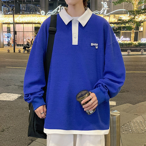 Cross-border 2025 Spring and Autumn New Men's Polo Shirt Collar Long Sleeve T-shirt Contrast Color Couple Base Shirt Loose