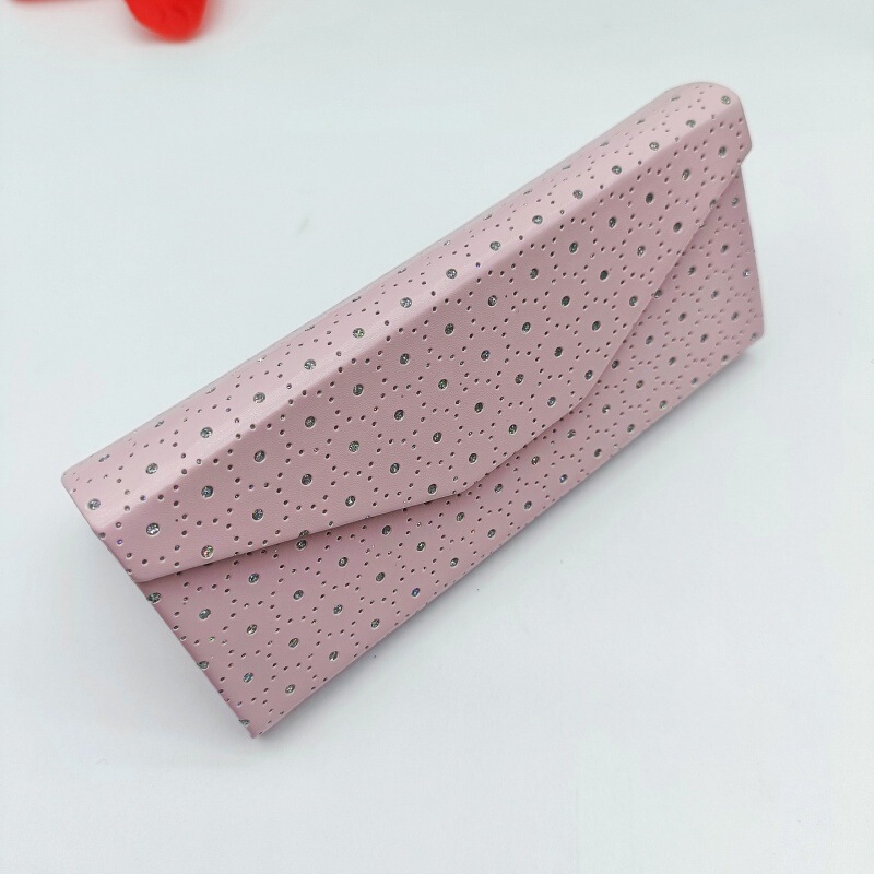 Portable glittery triangular eyeglass storage case, foldable sunglasses and eyeglass box