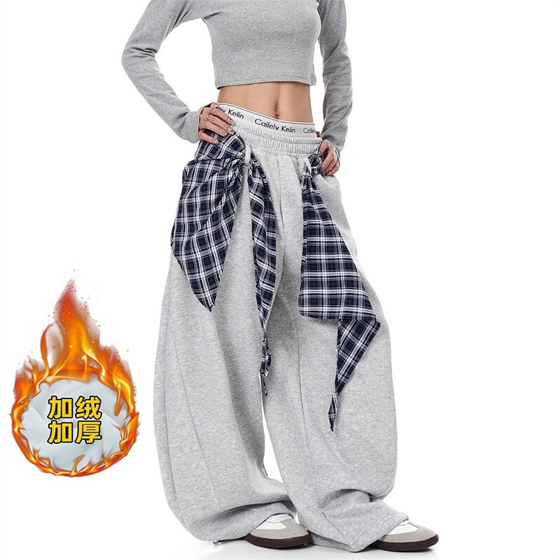 American Retro Plaid Layered Pants with a Curved Hem, Unisex, Autumn and Winter, Fleece-Lined, Loose Wide-Leg Pants, Casual Pants, Sports Pants
