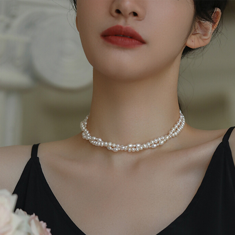 Natural Freshwater Baroque Pearl Necklace for Women, Fall and Winter Versatile Double Layer Lockchain Pure Silver Necklace Jewelry Set