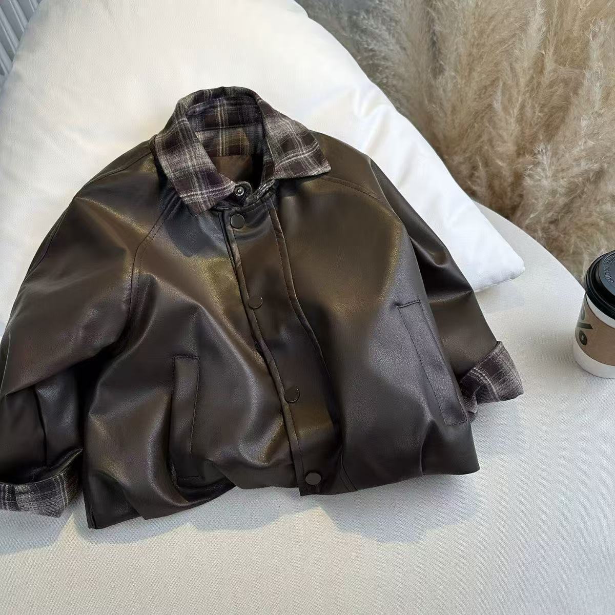 Chaqueta de cuero de la solapa de los niños, chaqueta de niños, chaqueta de primavera y otoño, chaqueta de cuero a cuadrícula, chaqueta de primavera y otoño image 4