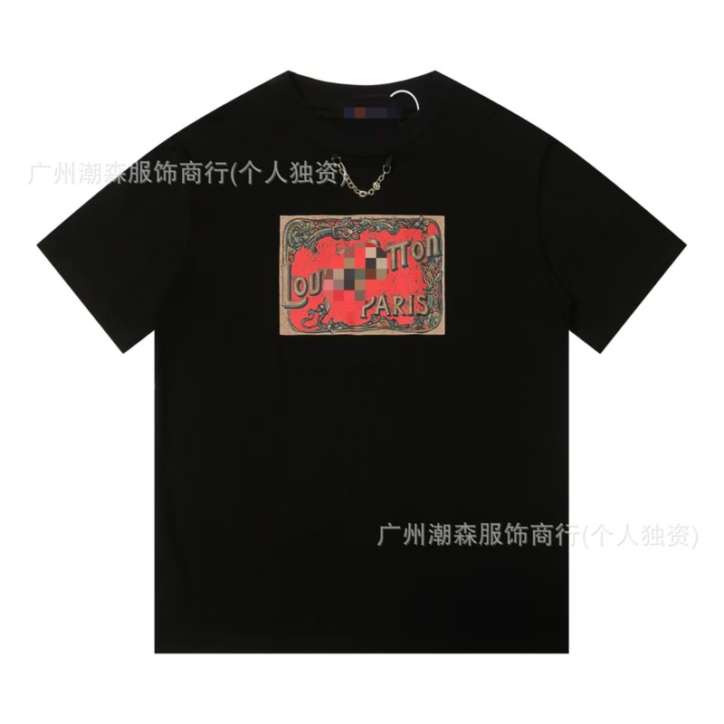 跨境奢潮高品质满印花L字母短袖潮牌外贸欧货驴家圆领男女宽松T恤|undefined