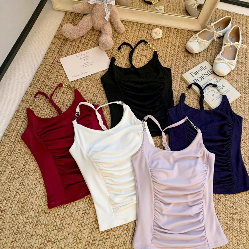 Rayon Halter Chain Strap Elegant Lady Metal Chain Halter Neck Vest with Chest Pad Waist-Cinching Design