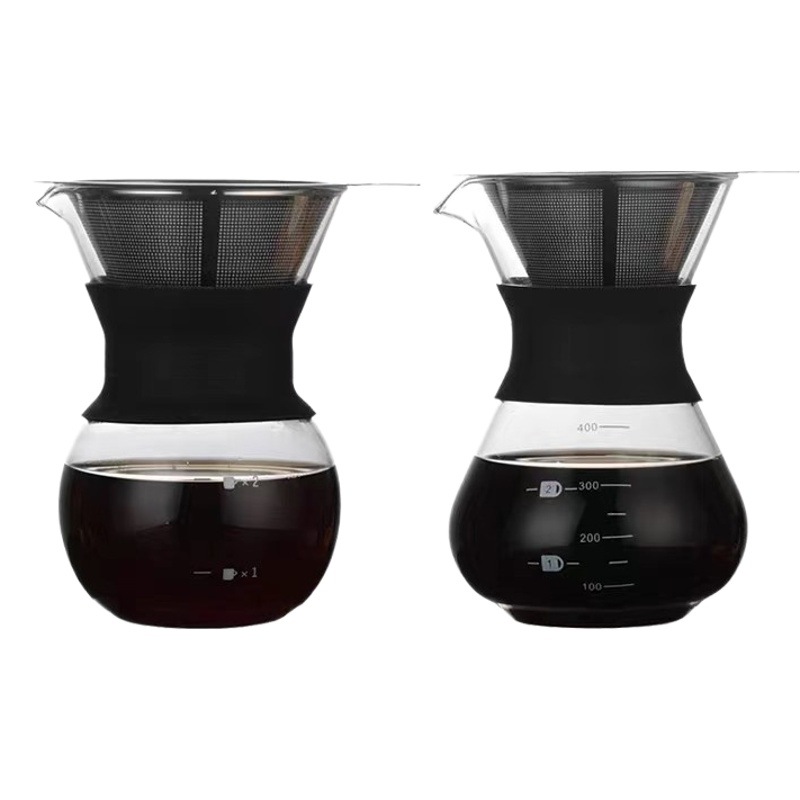 Olla de café de mano de vidrio de borosilicato con filtro de manga de silicona olla de intercambio de múltiples especificaciones olla de café de vientre redondo de gran capacidad