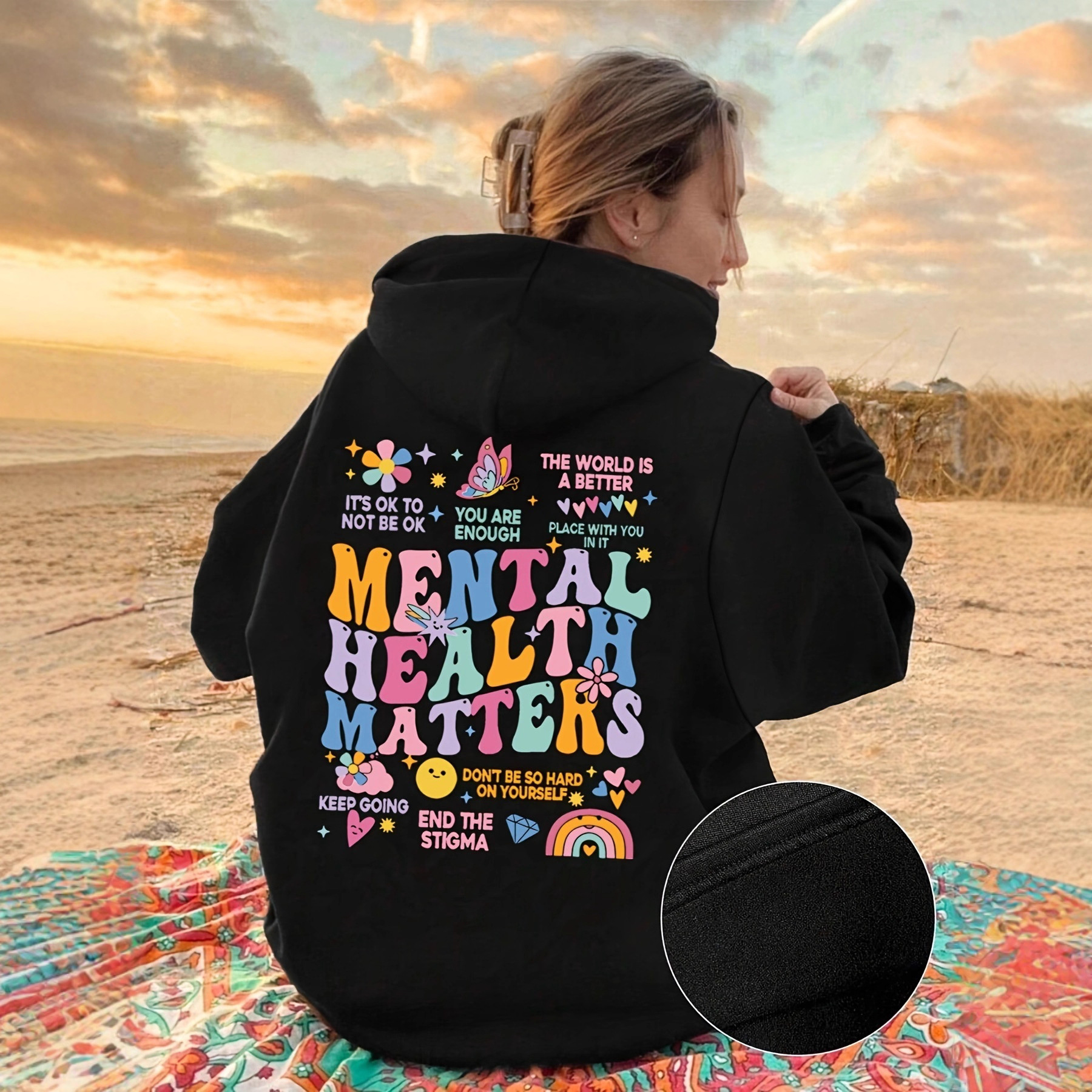 跨境独立站女士落肩袖套头衫大码字母图案印花螺纹袖口连帽卫衣