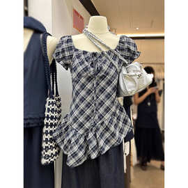 D5K十三行2025夏季新款韩版方领泡泡袖下摆不规则花边格子衬衫上