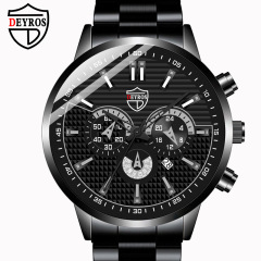 DEYROS時尚男士日曆鋼帶手錶男款休閒假三眼夜光石英腕錶跨境