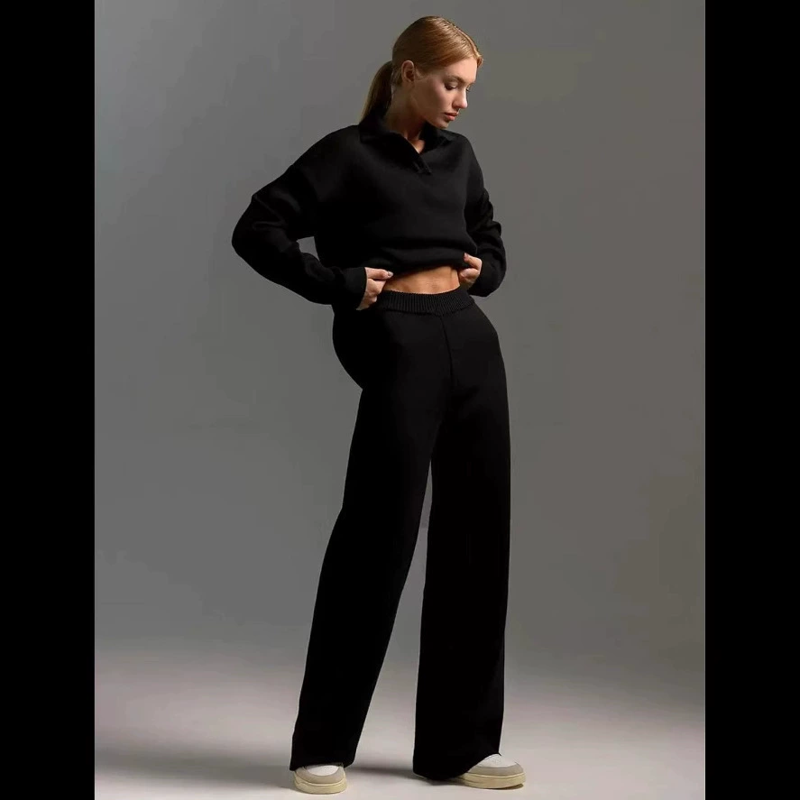 2024 Трансграничный трикотажный костюм Европа-Америка осень-зима костюм Polo-воротник трикотажный пуловер широкие ноги брюки набор из двух частей