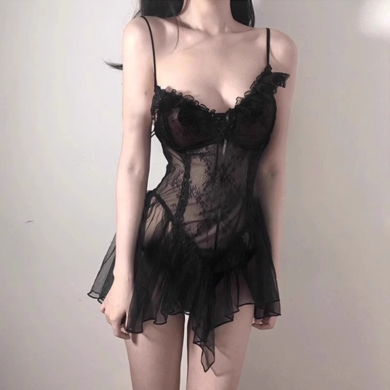 Hidden Water Sexy Sexy Lace Perspective Strap Princess Mesh Nightdress Passion Couple Pure Desire Wind Uniform suit