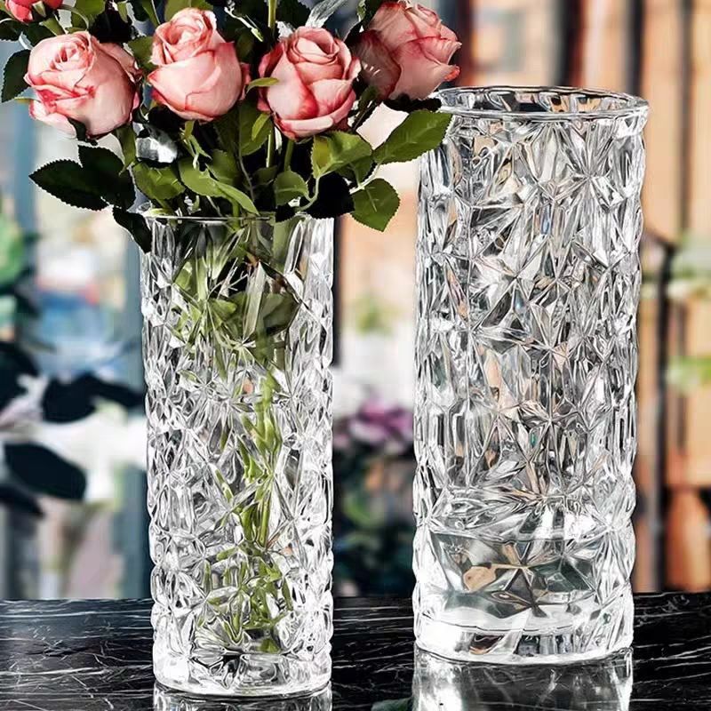 Light Luxury Glass Vase Flower Arrangement High-End Decoration Living Room Transparent Flower Vase Straight Large Diameter Special for Rich Bamboo