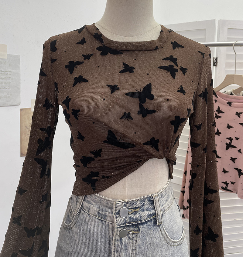 Sexy Butterfly Flocking Shiny Mesh Long Sleeve T shirt Large Bell Sleeve Short Slim Top