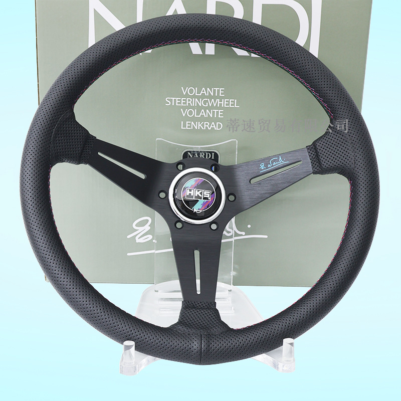 Cross-Border Best-Selling Hks Classic Quick-Release Steering Wheel, Large Concave 14-Inch 350mm Three-Color Stitching Genuine Leather Racing Steering Wheel
