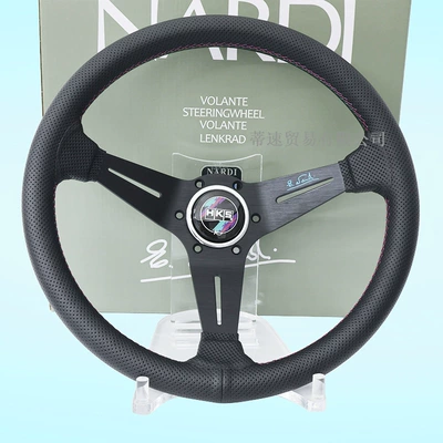 Cross-Border Best-Selling Hks Classic Quick-Release Steering Wheel, Large Concave 14-Inch 350mm Three-Color Stitching Genuine Leather Racing Steering Wheel (Steering wheel) - 14inch-three-color-line-steering-wheel