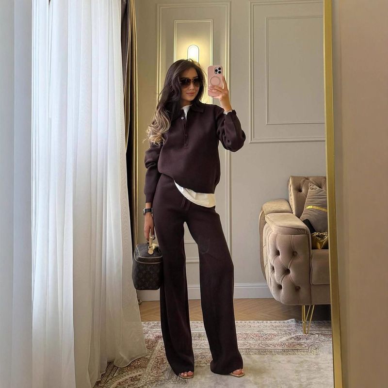 Light Luxury and High-End Feel, Solid Color Autumn and Winter Set, Pullover Knit Top with Lapel and Button Design, Straight-Leg Floor-Length Pants Light Luxury and High-End Feel, Solid Color Autumn and Winter Set, Pullover Knit Top with Lapel and Button Design, Straight-Leg Floor-Length Pants