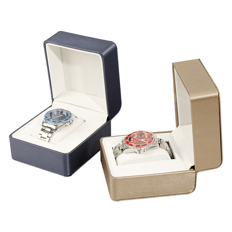Caja redondeada de cuero PU para reloj, caja de almacenamiento para exhibición de reloj cepillado, caja de embalaje para reloj con tapa, lista para la venta