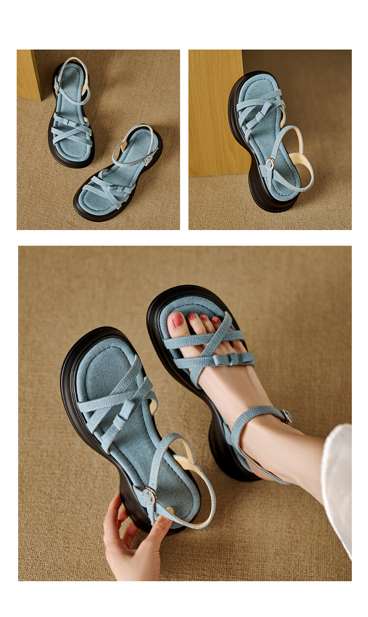 Dép sandal nữ đế bánh xốp dày mùa hè, da cừu nơ đi biển — Xanh lam Sương Khói, Màu bạc chi tiết 3