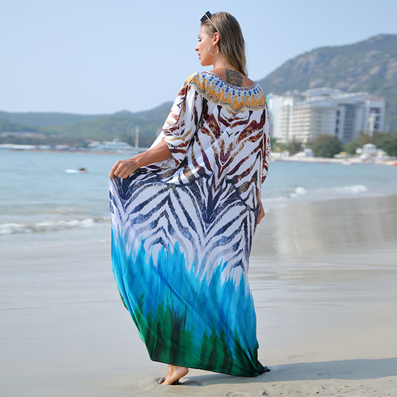 Europa y América colorido rayas impreso playa protección solar camisa robe estilo vacaciones falda bikini blusa Amazon 1D66