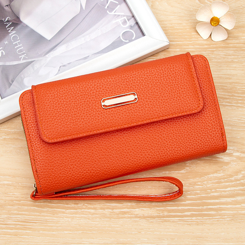 High-End Fashion Buckle Women's Long Wallet with Lychee Pattern, Zipper Card Holder, Coin Purse, Hand-Held Women's Clutch Bag