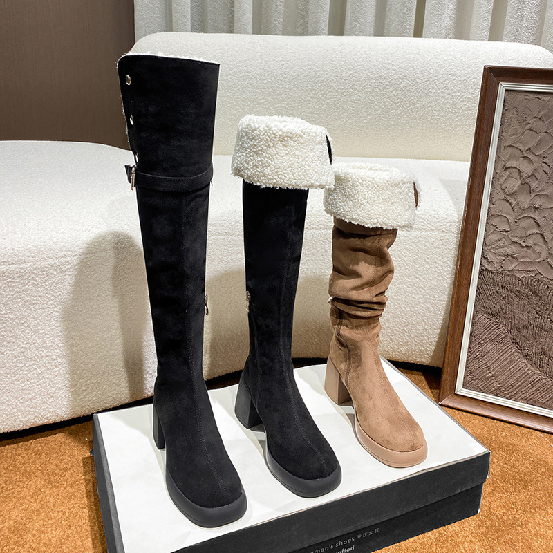 New high, long, heavy-soled lamb fleece boots with chunky heels_voghion.com