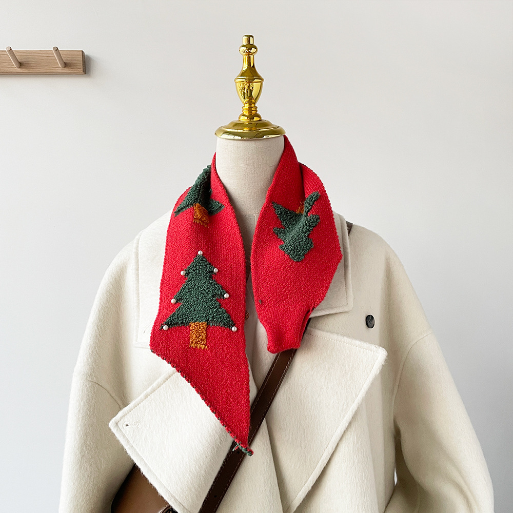 Kadınlar İçin Kış Hediyesi Instagram Kore Sevimli Noel Ağacı Sıcak Örme Çok Yönlü Kırmızı Atkı_voghion.com
