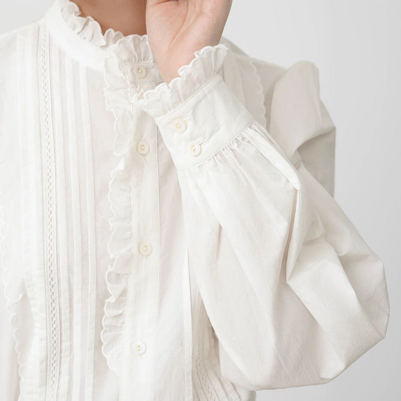 French-Style Puff Sleeve White Blouse for Women, New Spring Lace Stand Collar, Unique Pleated Elegant Top for Commuting