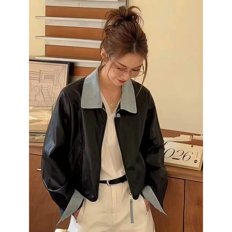 Korean Style Loose Fashion Denim Collar Pu Leather Jacket for Women 2026 Spring and Autumn New Short Soft Leather Jacket Top