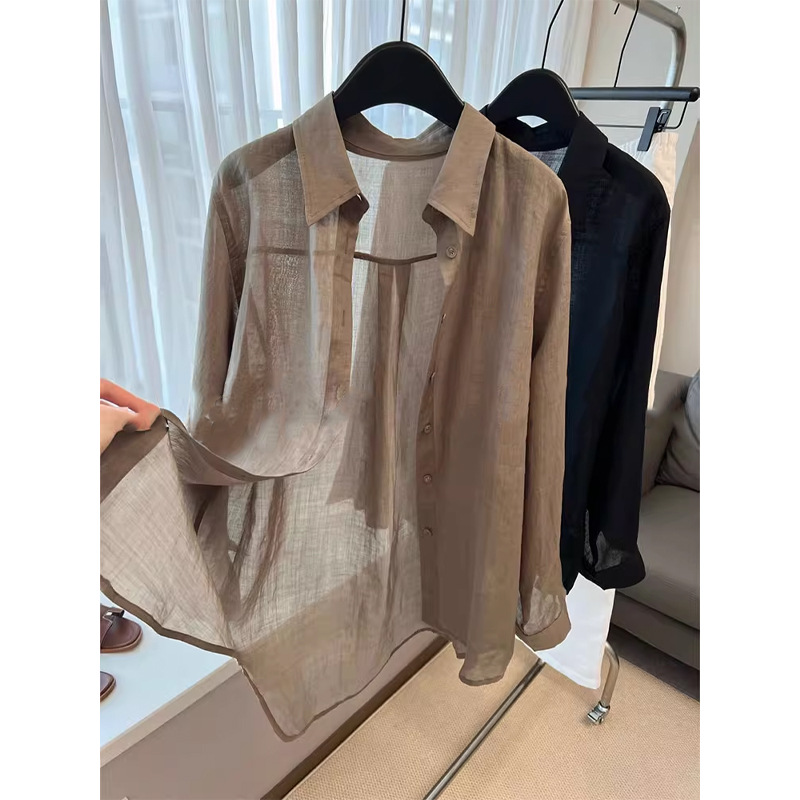 Áo sơ mi linen nữ phong cách cổ điển thiết kế rộng rãi chống nắng mùa hè — Màu cà phê khói chi tiết 2