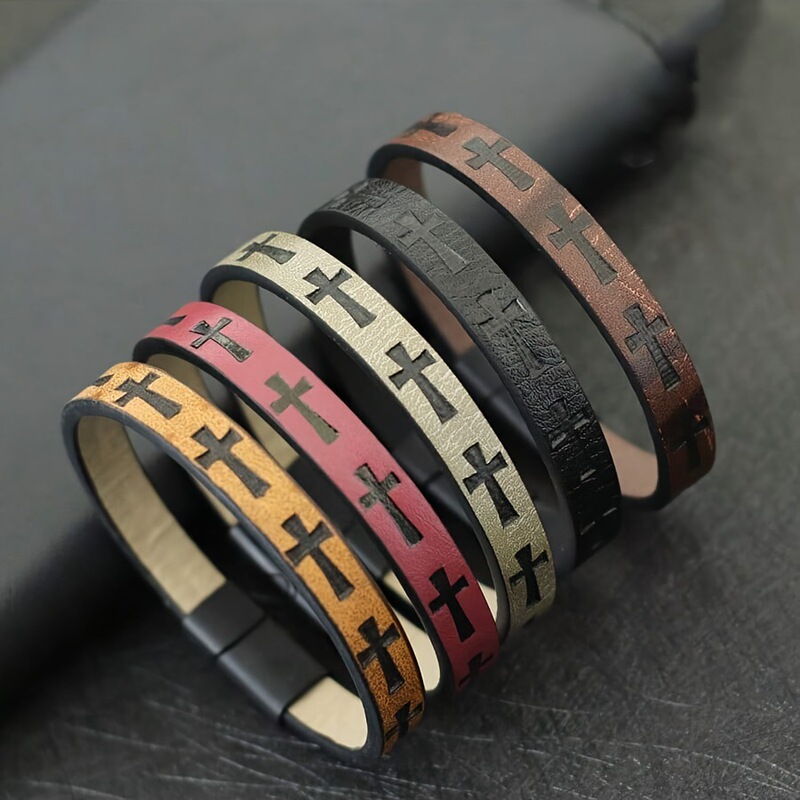 Cross-Border Hot-Selling Multi-Color Cross-Embossed Leather Bracelet, Unisex Vintage Style Bracelet, Direct from the Factory Cross-Border Hot-Selling Multi-Color Cross-Embossed Leather Bracelet, Unisex Vintage Style Bracelet, Direct from the Factory