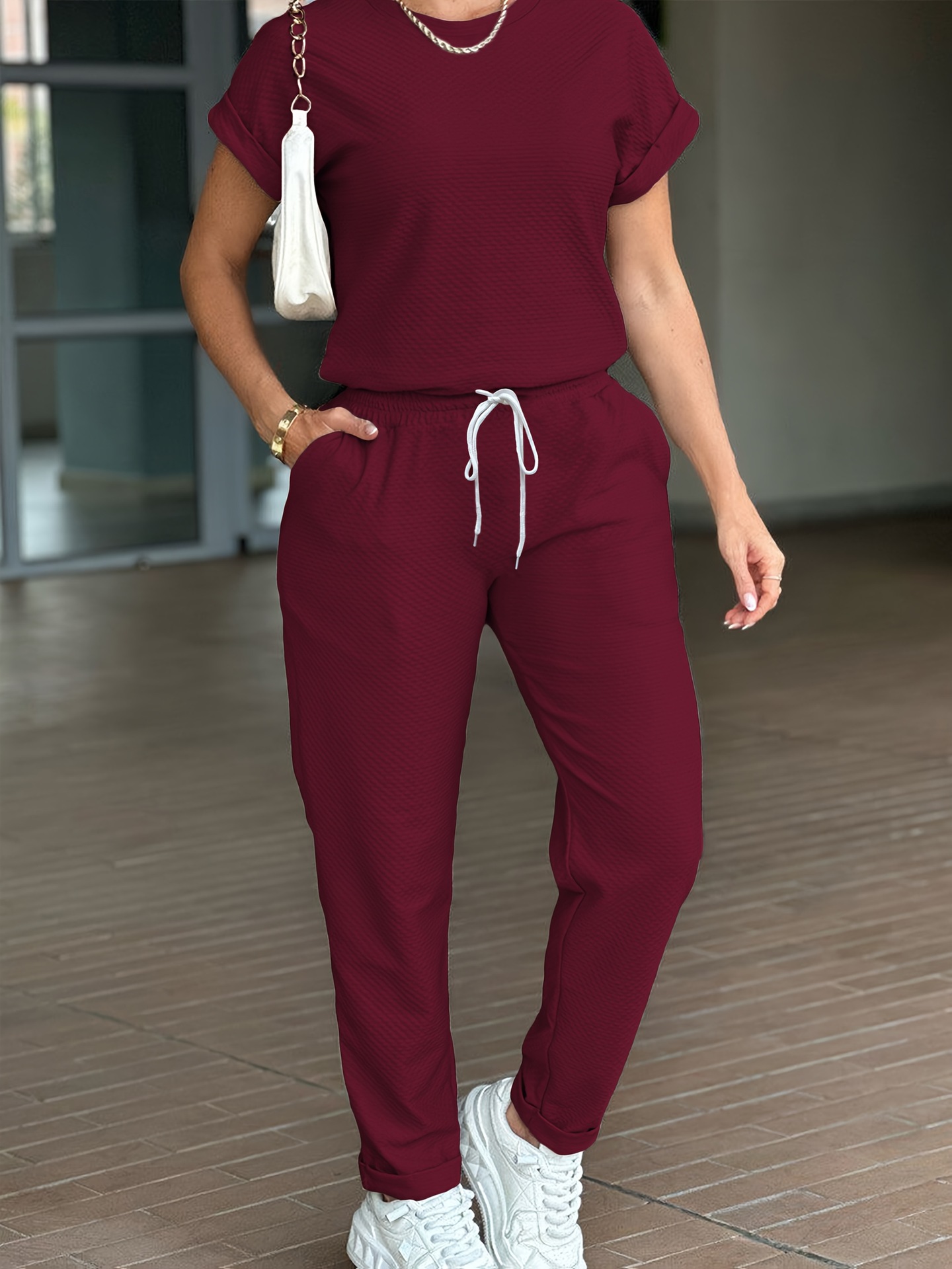 Spring Summer Women's Solid Color Sports Suit Casual Comfortable Style High Waisted Drawstring Top Versatile Short Sleeve_ecoleips.com