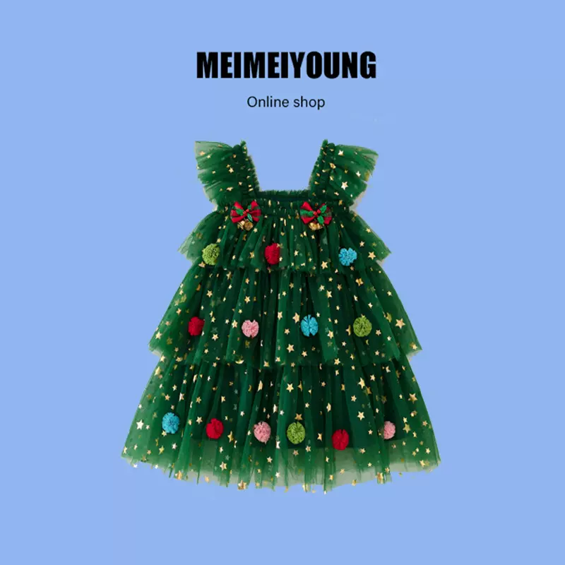 女童圣诞连衣裙网纱新款飞袖蛋糕裙子英伦dress跨境节日礼服演出