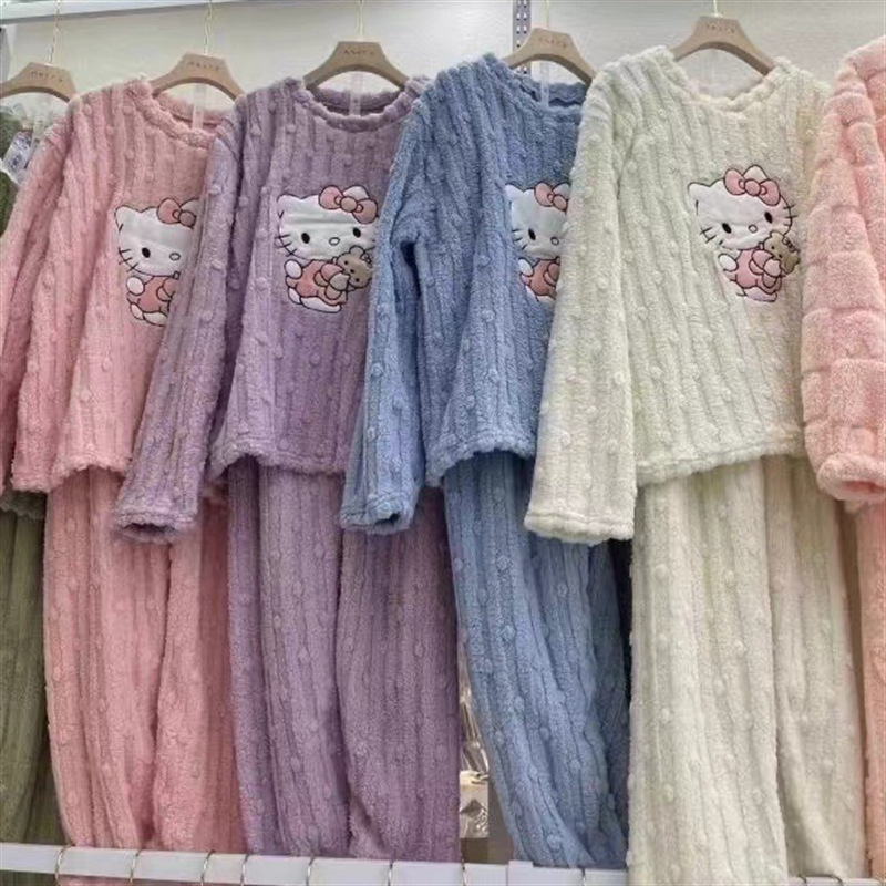 卡通猫珊瑚绒睡衣女秋冬季法兰绒加绒加厚家居服长袖长裤暖暖套装|undefined