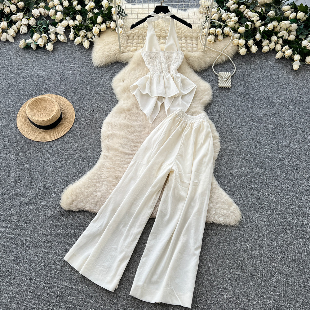 Women's Luxury Commuter Style Halter Vest Wide Leg Pants Two Piece Set Slimming Stylish Backless Summer Outfit_ecoleips.com