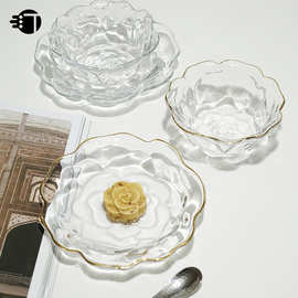 RI0T玫瑰花水晶玻璃盘甜品燕窝碗水果盘点心碟透明餐具家用盘子小