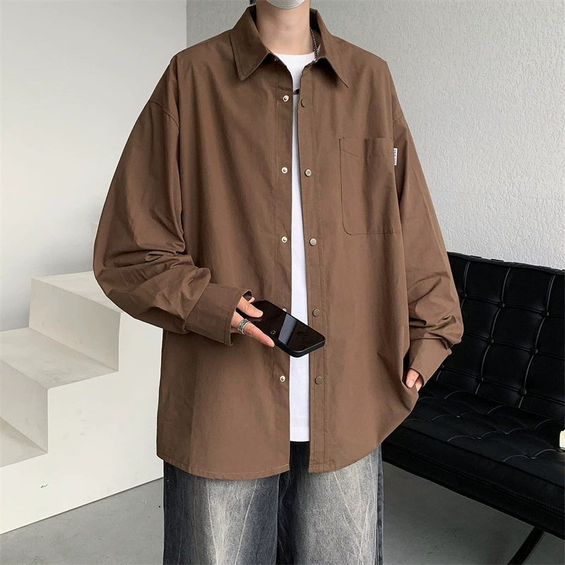 Простая мужская рубашка в гонконгском стиле, весенняя высококачественная свободная универсальная рубашка с длинными рукавами, модная брендовая красивая куртка с лацканами