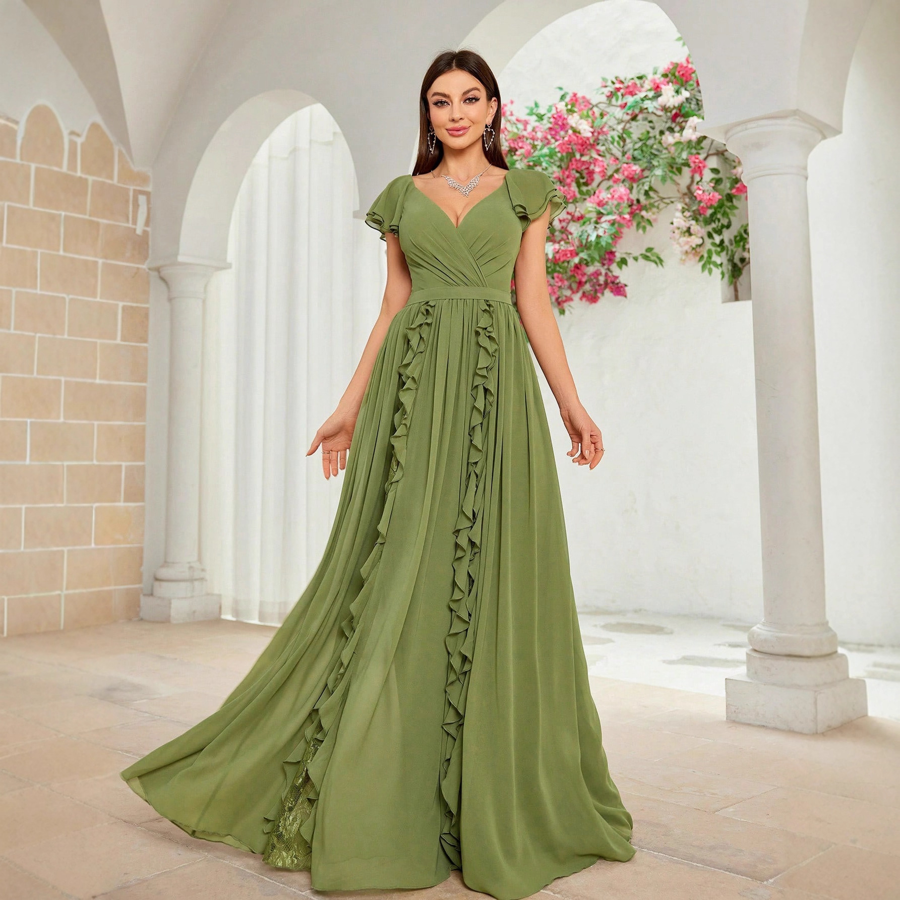 Francia temperamento vestido largo 2026 verano nuevo V-collar pleated borde cintura temperamento vestido vestido para adultos