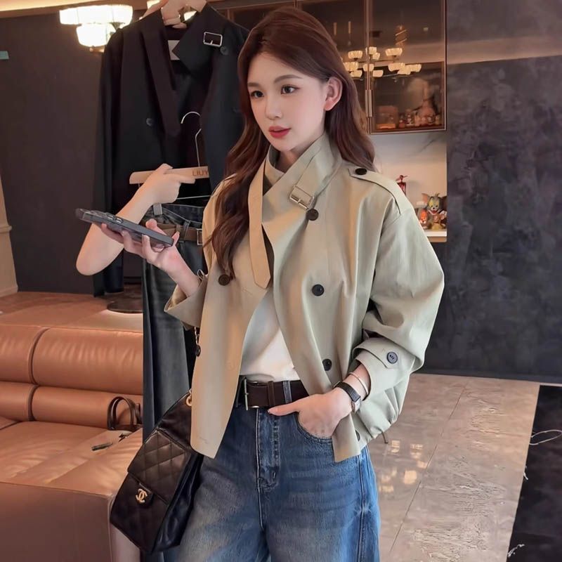 Short Windbreaker Jacket 2025 Women's Autum Stand-Up Collar Top British Style Loose Casual New Double-Breasted Small Person