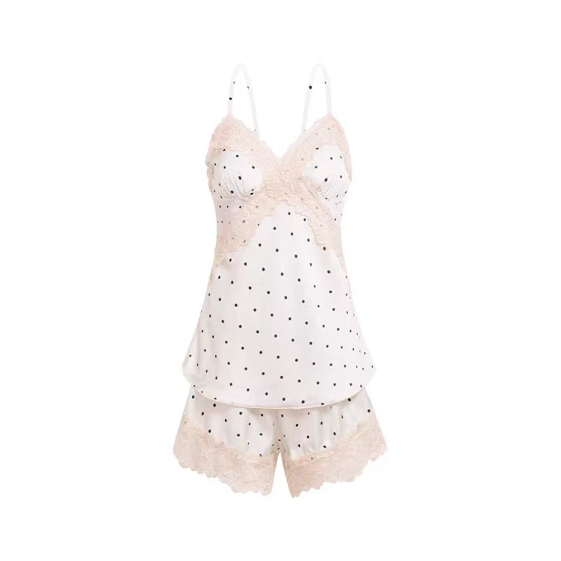 Women’s Ice Silk Camisole Nightgown with Lace Trim, Polka Dots and Chest Pads — detail image 6