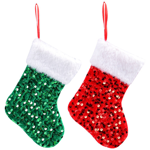 New sparkly plush white edge glitter Christmas sock decoration festival Christmas tree candy bag hanging ornament Christmas gift bag