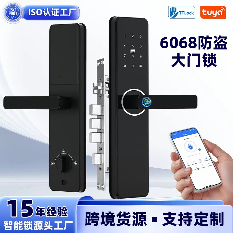 厂家直销跨境供应 6068防盗大门锁 涂鸦远程解锁指纹锁通通智能锁