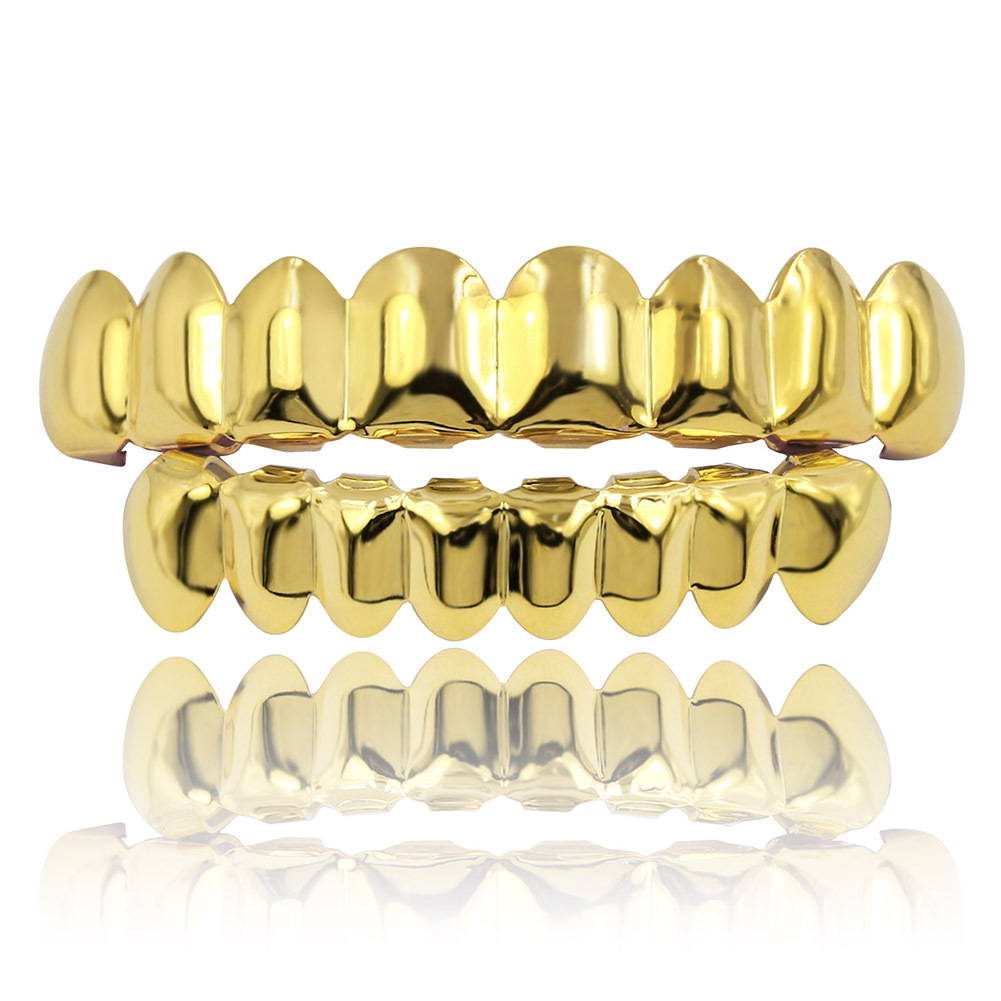 New European and American style hip-hop gold-plated dental braces with textured grid pattern, hip-hop braces, big gold teeth